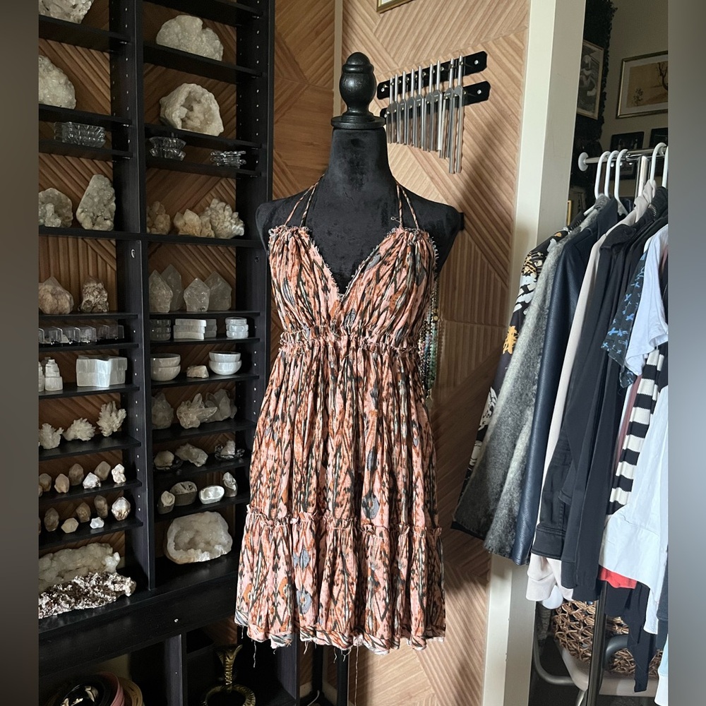 Gorgeous bohemian flowy halter dress with flattering print and adjustable waist